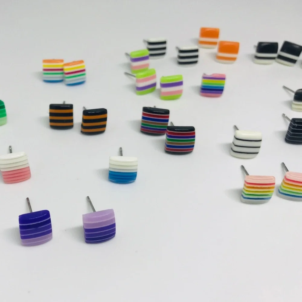 Black Mixed Multi Color Minimalist Repurposed Vintage Striped Bead Stud Earrin…